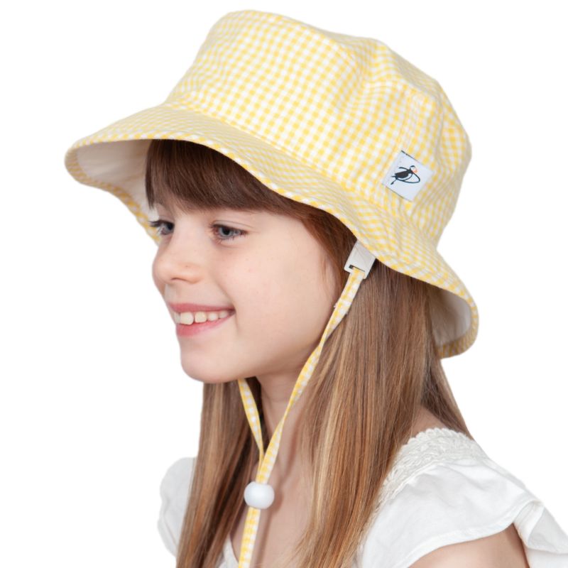 Puffin Gear Child and Toddler Sun Protection Camp Hat-UPF50-Made in Canada-Chin Tie with Cord Lock and Safety Break Away Clip Keep Hat Safely on Child's Head-Machine Washable-Yellow and White Check