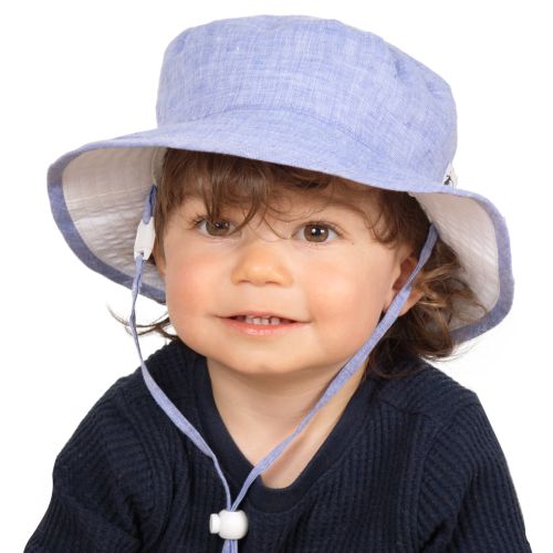 Linen Child Camp Hat with Chin Tie, Cordlock and Safety Breakaway Clip-Machine Washable-Lightweight Comfort your Kids will Love.  Made in Canada by Puffin Gear-Navy