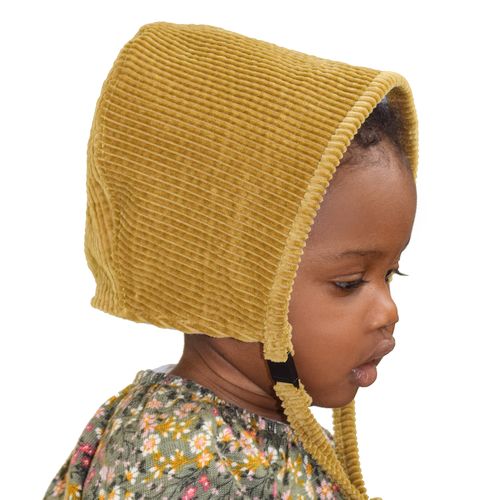 Puffin Gear Fall Wide Wale Corduroy Bonnet with Organic Flannel Lining for Toddlers and Infants-Made in Canada-Mustard