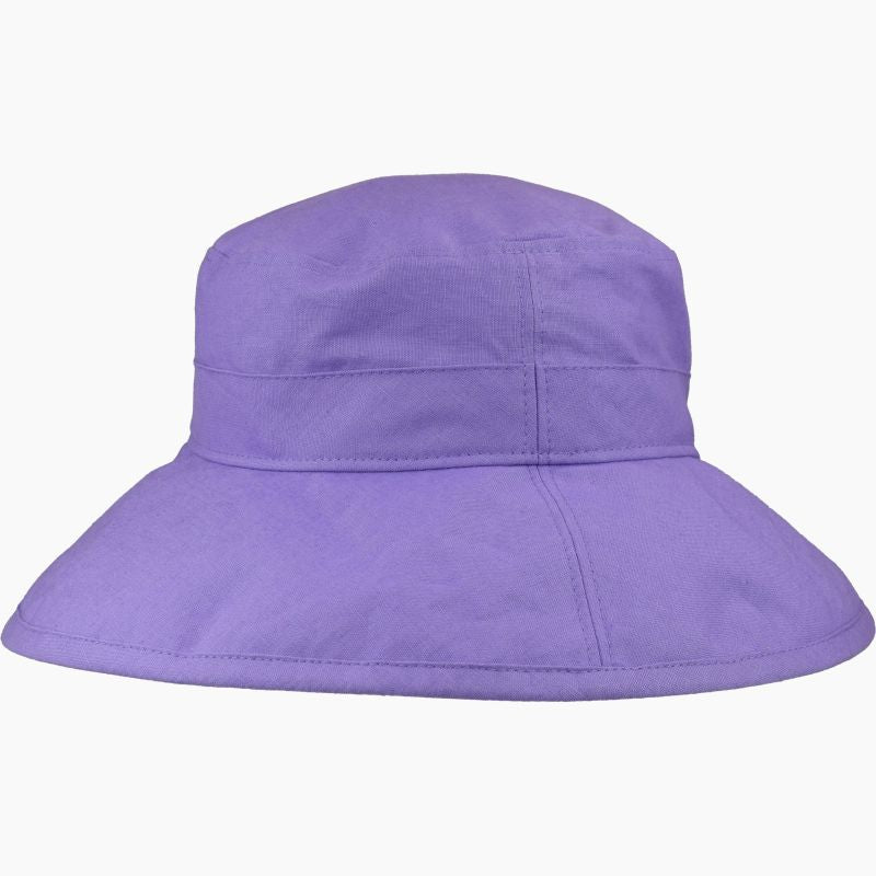 Coral-Linen -Cotton Blend Wide Brim Garden Hat-Rugged Hat Rated UPF50+ Sun Protection-Briim doesn&#39;t flop-packs flat for travel-Made in Canada by Puffin Gear-Lavender