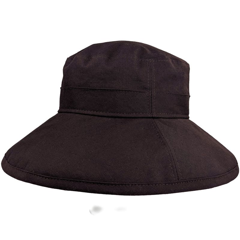 dark expresso brown wide brim garden hat on white backgrounc
