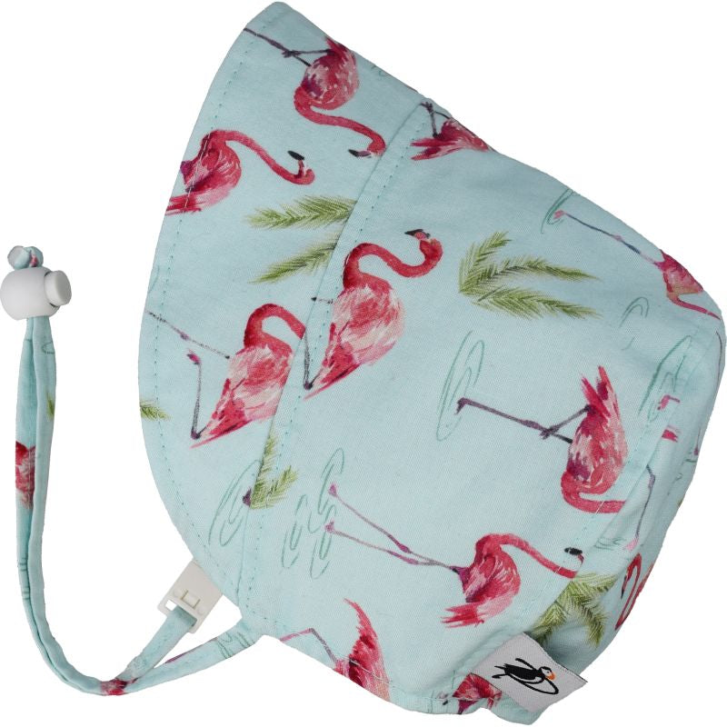 Puffin Gear Infant and Toddler Cotton Print Bonnet with Chin tie, Cord lock and Safety Break Away Clip-UPF50+ Sun Protection- Made in Canada-Beach Day-Flamingo
