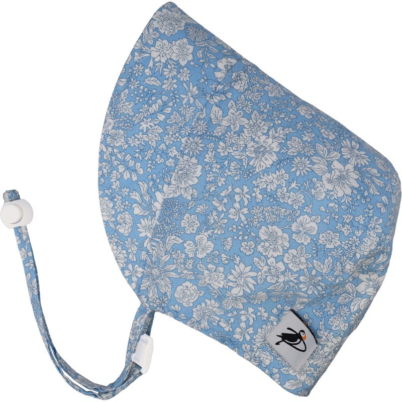 Puffin Gear Infant and Toddler Cotton Print Bonnet with Chin tie, Cord lock and Safety Break Away Clip-UPF50+ Sun Protection- Made in Canada-Liberty of London Cotton Print-Emily Belle-Sky