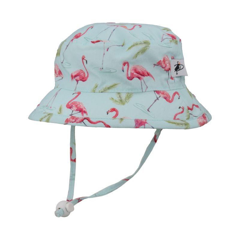 Puffin Gear Child and Toddler Sun Protection Camp Hat-UPF50-Made in Canada-Chin Tie with Cord Lock and Safety Break Away Clip Keep Hat Safely on Child&#39;s Head-Machine Washable-Flamingo Print