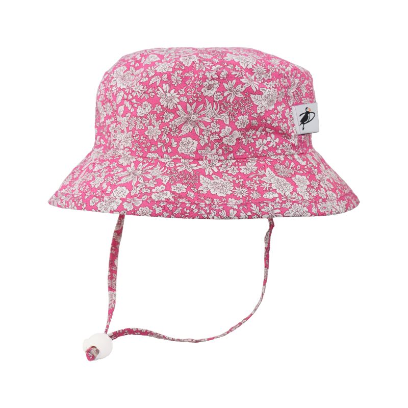 Puffin Gear Child and Toddler Sun Protection Camp Hat-UPF50-Chin Tie with Toggle and Safety Breakaway Clip Keep Hat safely in Place-Machine Washable-Made in Canada-Cotton Prints-Liberty of London-Emily Belle-Azalea