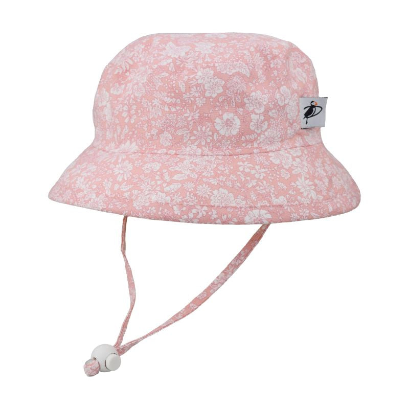 Puffin Gear Child and Toddler Sun Protection Camp Hat-UPF50-Chin Tie with Toggle and Safety Breakaway Clip Keep Hat safely in Place-Machine Washable-Made in Canada-Cotton Prints-Liberty of London-Emily Belle-Pink