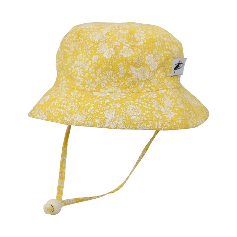 Puffin Gear Child and Toddler Sun Protection Camp Hat-UPF50-Chin Tie with Toggle and Safety Breakaway Clip Keep Hat safely in Place-Machine Washable-Made in Canada-Cotton Prints-Liberty of London-Emily Belle-Yellow