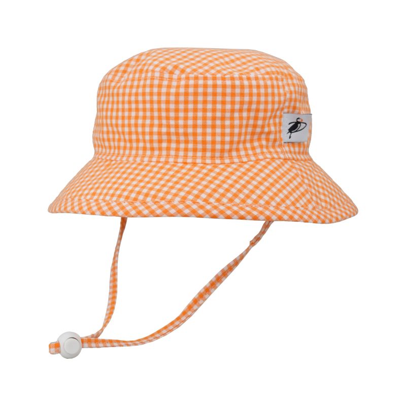Puffin Gear Child and Toddler Sun Protection Camp Hat-UPF50-Made in Canada-Chin Tie with Cord Lock and Safety Break Away Clip Keep Hat Safely on Child&#39;s Head-Machine Washable-Orange and White Check