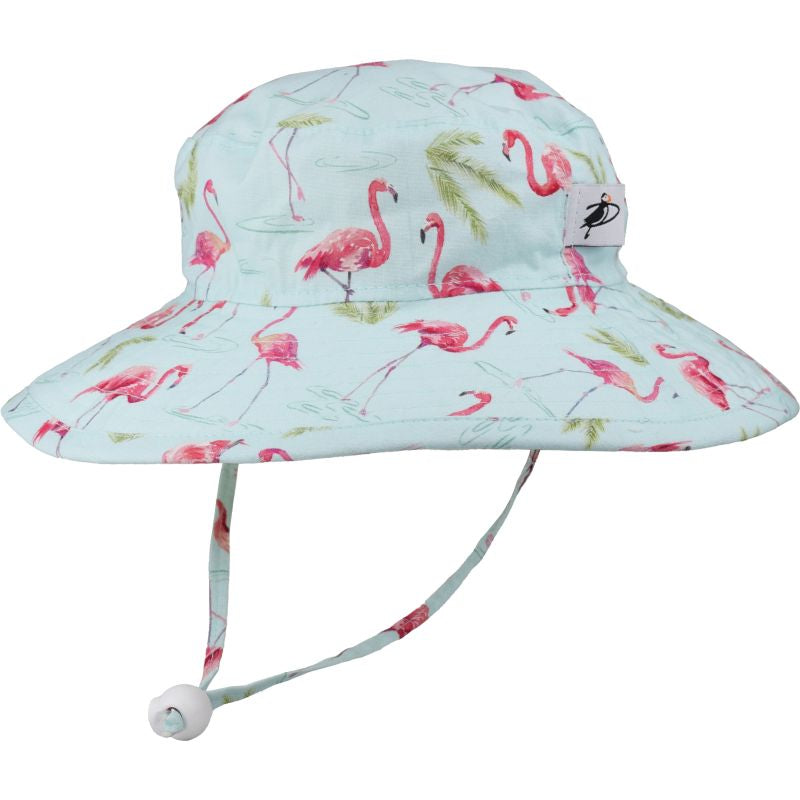 Kids Wide Brim Sunbaby Hat has a chin tie with cord lock and safety break away clip to keep hat safely in place. Tested and rated UPF50+ Excellent Sun Protection so your kid can play outdoors all day. Made in Canada by Puffin Gear-Cotton Print-Flamingo Print