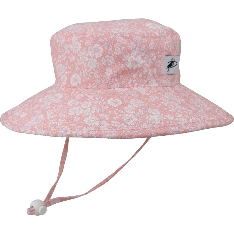 Kids Wide Brim Sunbaby Hat has a chin tie with cord lock and safety break away clip to keep hat safely in place. Tested and rated UPF50+ Excellent Sun Protection so your kid can play outdoors all day. Made in Canada by Puffin Gear-Liberty of London Cotton Prints-Emily Belle-Pink