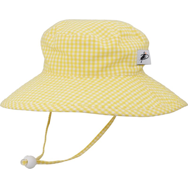 Kids Wide Brim Sunbaby Hat has a chin tie with cord lock and safety break away clip to keep hat safely in place. Tested and rated UPF50+ Excellent Sun Protection so your kid can play outdoors all day. Made in Canada by Puffin Gear-Cotton Print-Yellow Check
