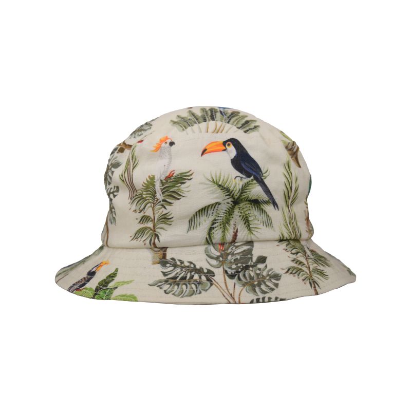 tropical rainforest palms and birds adorn this lightweight linen bucket hat-rated upf50 excellent sun protection-made in canada by puffin gear