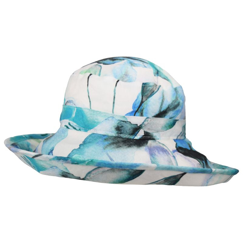 Wide Brim Linen Sun Hat in Beautiful Watercolour Pool Print-Rated UPF50+ Excellent Sun Protection -Packs Flat for Travel-Made in Canada