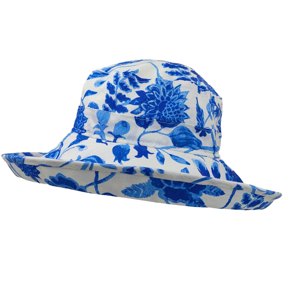 blue floral linen print wide brim sun hat-upf50 protection-lightweight-garden party fashion-made in canada by puffin gear