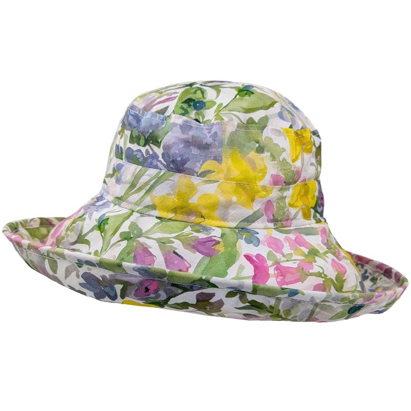 Pastel floral linen print-wide brim, lightweight sun protection hat rated UPF50-made in canada by puffin gear