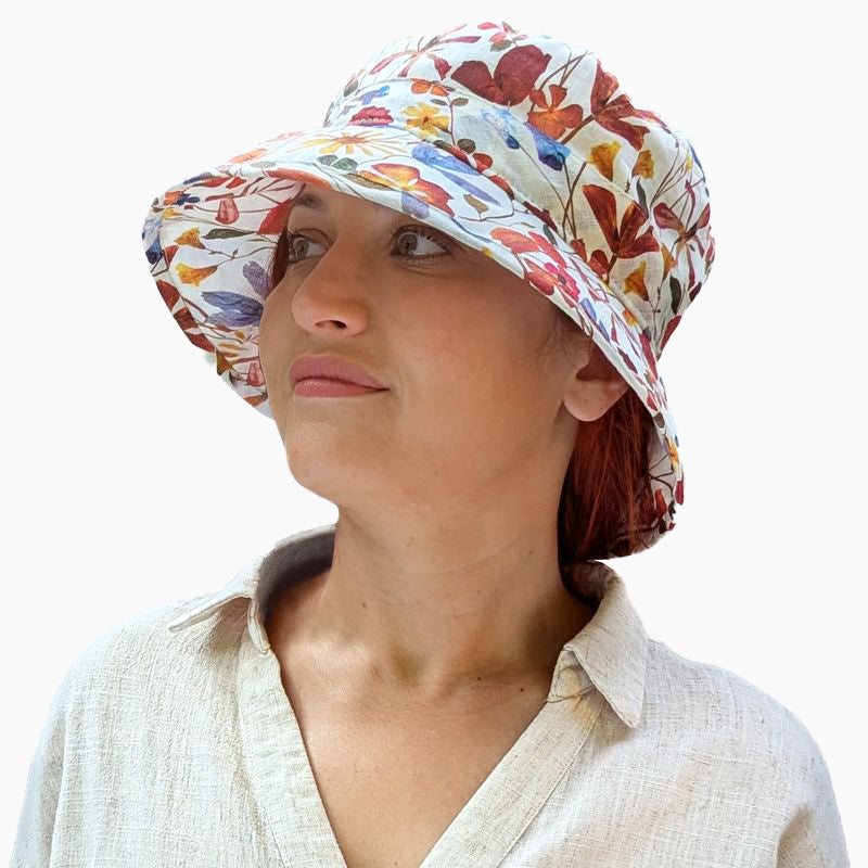 Linen Wild flower print bowler sun hat-UPF50-Made in Canada by puffin gear