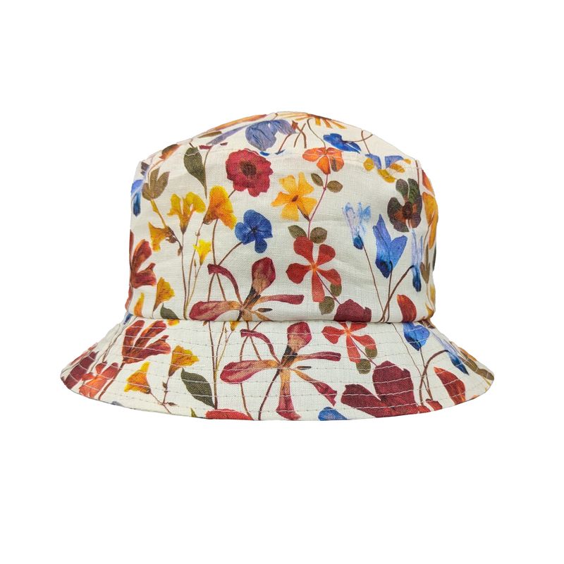 Linen print bucket hat in wildflower print upf50 sun protection-made in canada by puffin gear.