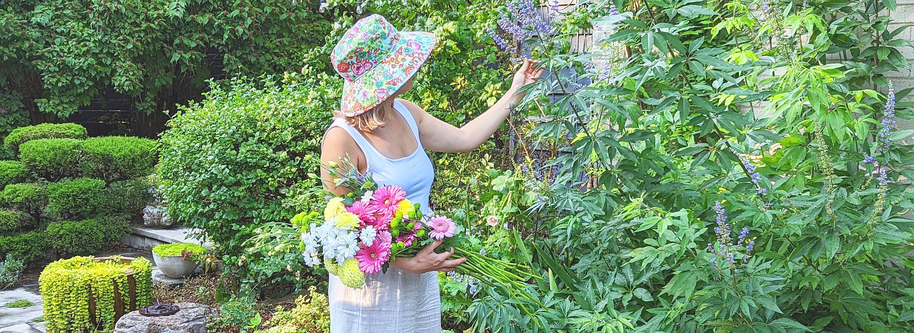 Cotton Print gardening hats. choose from shade garden ferns, rose garden or a riotous cutting garden print. UPF50 Excellent sun protection. made in canada by puffin gear
