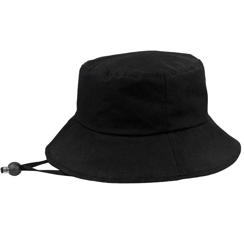 A black oilskin rain bucket hat with a drawstring cord and bead closure, shown from a side profile on a solid white background.