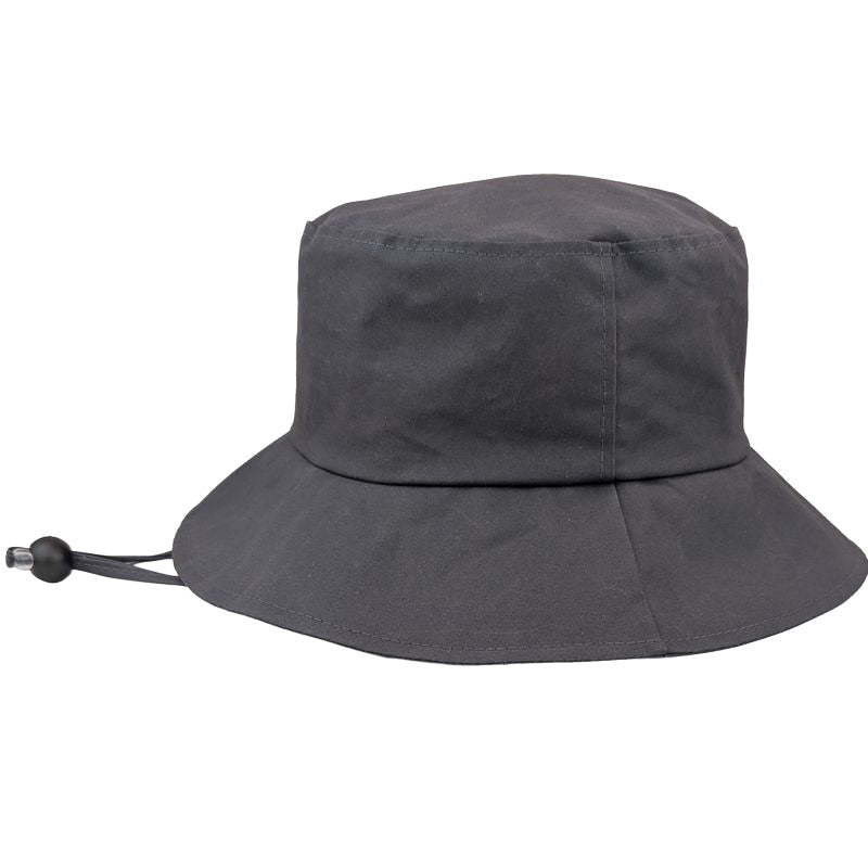 A gray oilskin rain bucket hat with a drawstring closure, shown from a side profile view against a plain white background.