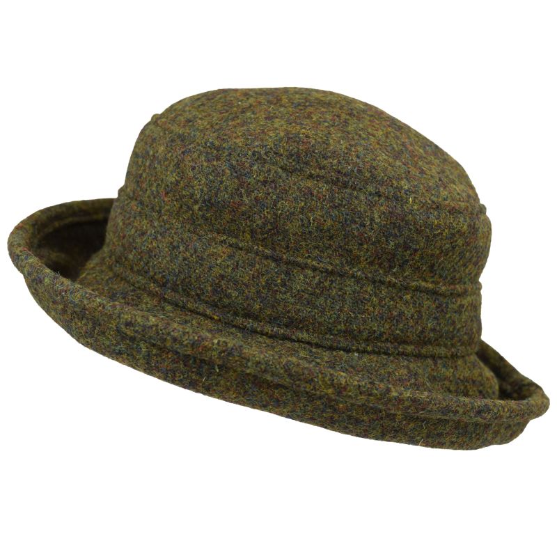 moss green Harris Tweed Wool Brimmed winter hat for winter sun protection-made in Canada by Puffin Gear