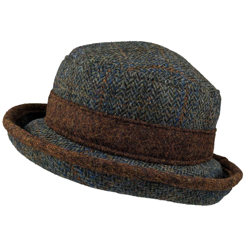 harris tweed wool brimmed hat-winter sun protection.  herringbone weave with copper heather tweed trim. made in canada by puffin gear