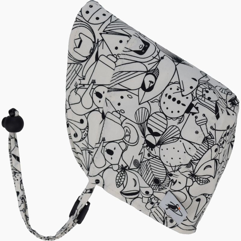 Puffin Gear Infant and Toddler Sun Protection Bonnet-Made in Canada-Charlie Harper End Paper Sketches Print-Black and White