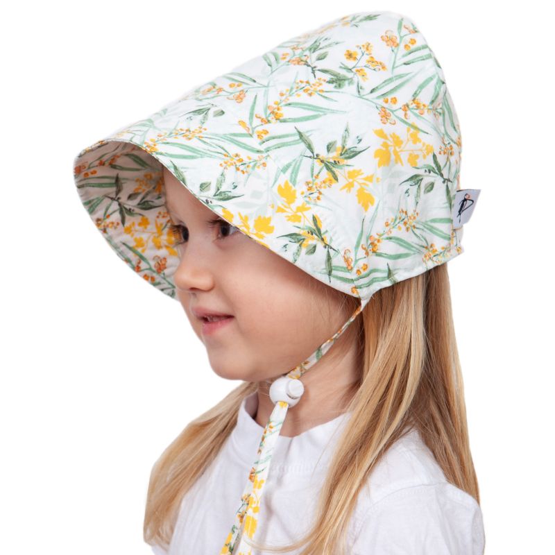 Puffin Gear Infant and Toddler Cotton Print Bonnet with Chin tie, Cord lock and Safety Break Away Clip-UPF50+ Sun Protection- Made in Canada-Pollinator Garden-Meadow