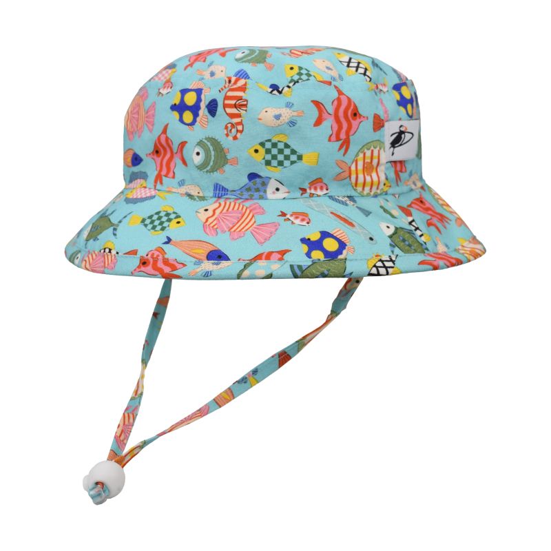 Puffin Gear Child and Toddler Sun Protection Camp Hat-UPF50-Made in Canada-Chin Tie with Cord Lock and Safety Break Away Clip Keep Hat Safely on Child&#39;s Head-Machine Washable-Corall Reef Fish