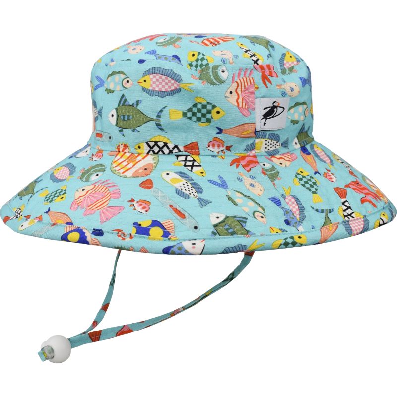 Kids Wide Brim Sunbaby Hat has a chin tie with cord lock and safety break away clip to keep hat safely in place. Tested and rated UPF50+ Excellent Sun Protection so your kid can play outdoors all day. Made in Canada by Puffin Gear-Cotton Print-Coral Reef Fish