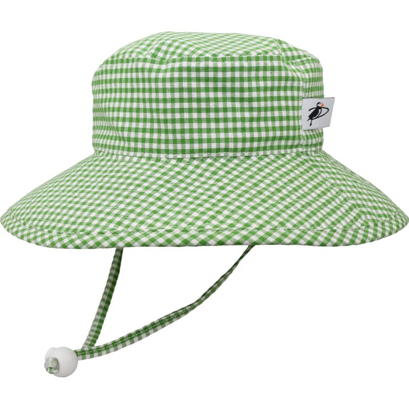 Kids Wide Brim Sunbaby Hat has a chin tie with cord lock and safety break away clip to keep hat safely in place. Tested and rated UPF50+ Excellent Sun Protection so your kid can play outdoors all day. Made in Canada by Puffin Gear-Cotton Print-Kelly Green Check