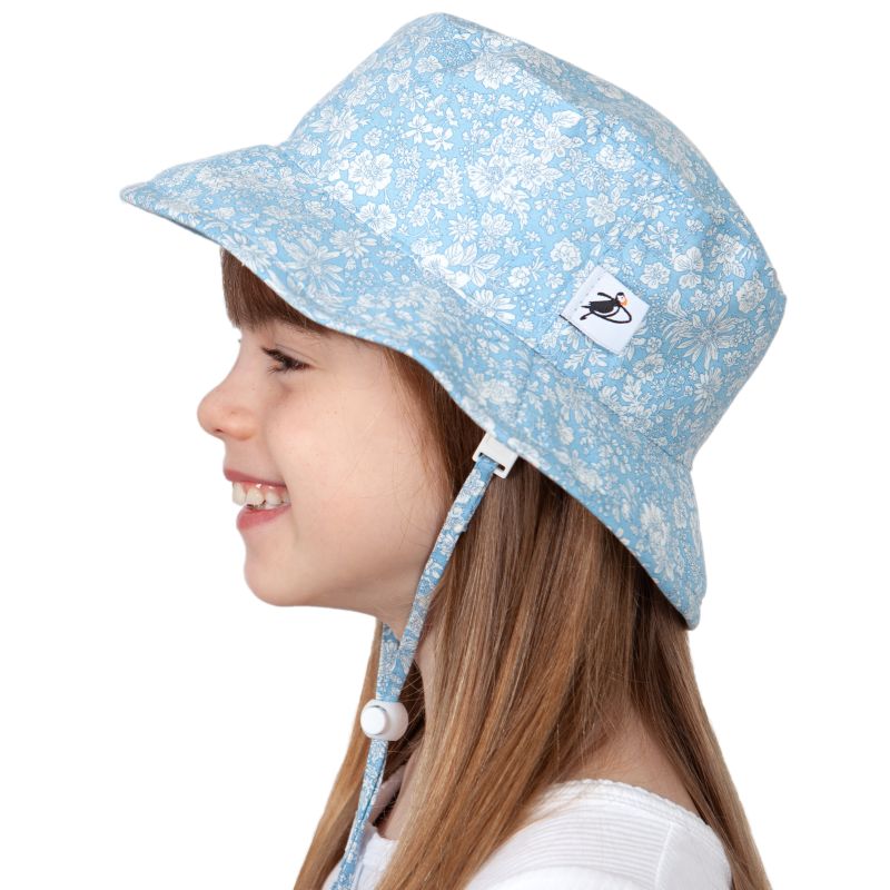 fin Gear Child and Toddler Sun Protection Camp Hat-UPF50-Chin Tie with Toggle and Safety Breakaway Clip Keep Hat safely in Place-Machine Washable-Made in Canada-Cotton Prints-Liberty of London-Emily Belle-Sky Blue