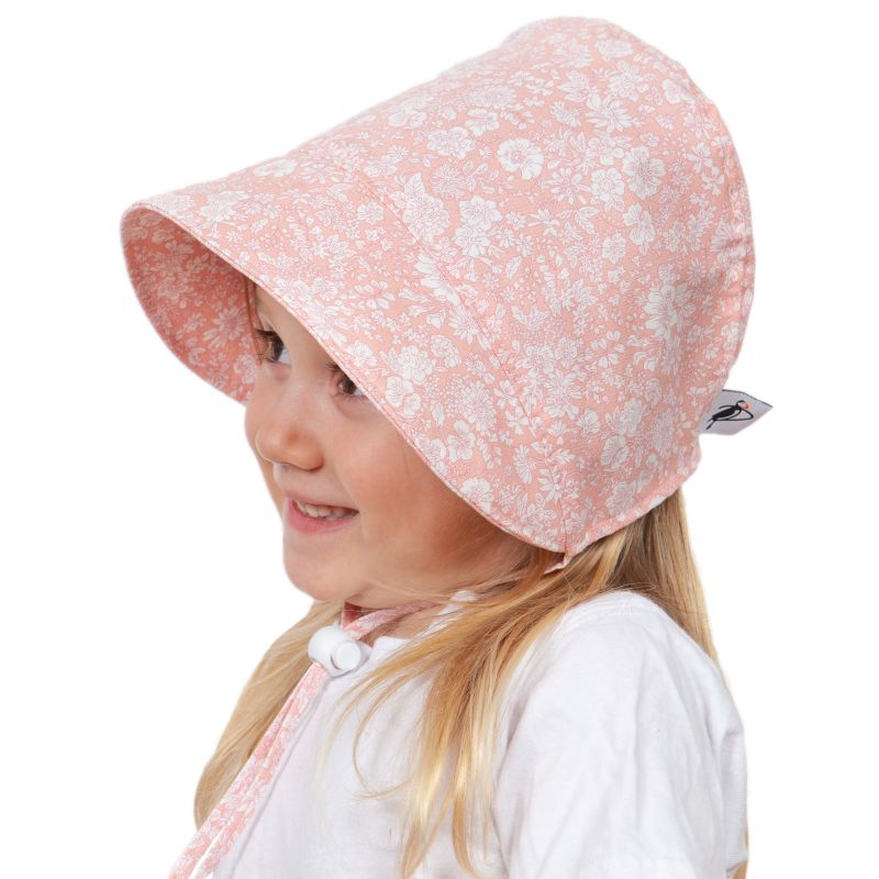 Puffin Gear Infant and Toddler Cotton Print Bonnet with Chin tie, Cord lock and Safety Break Away Clip-UPF50+ Sun Protection- Made in Canada-Liberty of London Cotton Print-Emily Belle-Pink