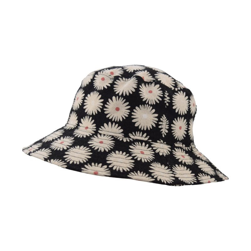 Linen-blend Print Canvas Crusher Hat-Rated UPF50+ Sun Protection-Travel Hat-Made in Canada by Puffin Gear-Daisy Power-Black
