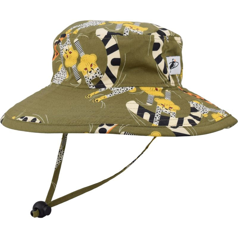 Puffin Gear Organic Cotton Wide Brim Sunbaby Hat-UPF50+ Sun Protection-Chin Tie with Toggle and Safety Break Away Clip-Machine Washable-Beautiful Prints-Brims Don&#39;t Flop-Made in Canada-Charlie Harper Cheetah Print