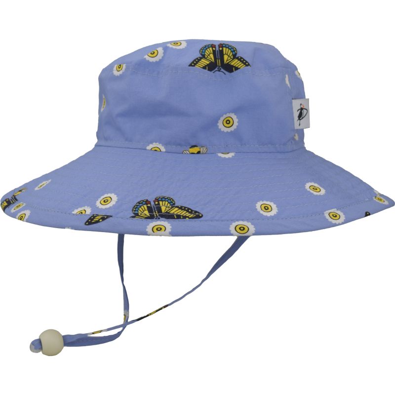Puffin Gear Organic Cotton Wide Brim Sunbaby Hat-UPF50+ Sun Protection-Chin Tie with Toggle and Safety Break Away Clip-Machine Washable-Beautiful Prints-Brims Don&#39;t Flop-Made in Canada-Butterfly and Bee Print