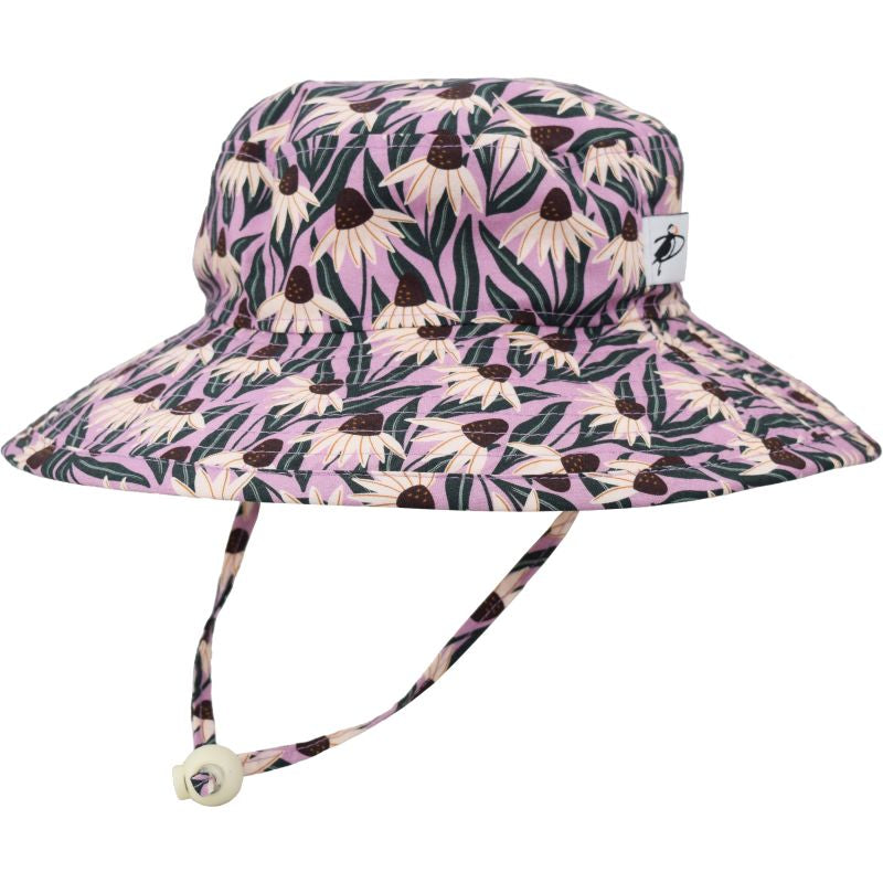 Puffin Gear Organic Cotton Wide Brim Sunbaby Hat-UPF50+ Sun Protection-Chin Tie with Toggle and Safety Break Away Clip-Machine Washable-Beautiful Prints-Brims Don&#39;t Flop-Made in Canada-Coneflower