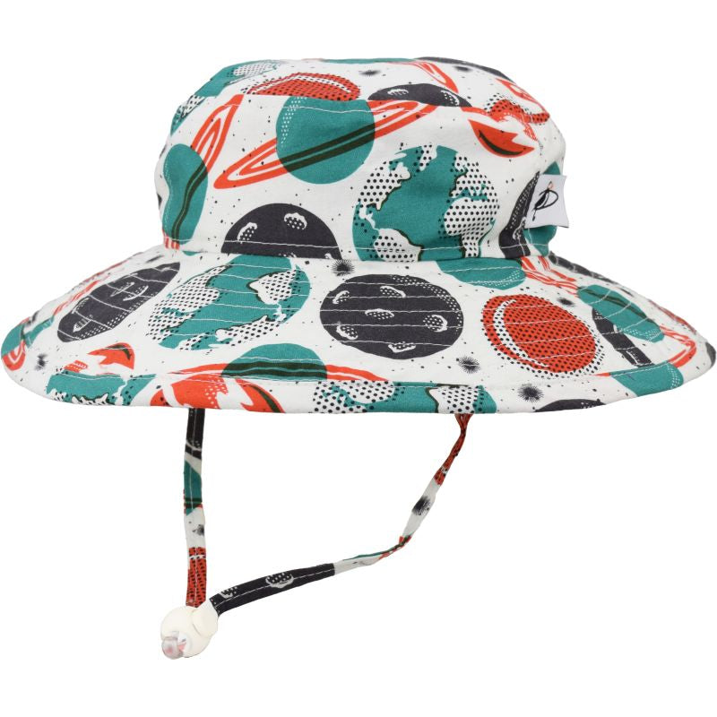 Puffin Gear Organic Cotton Wide Brim Sunbaby Hat-UPF50+ Sun Protection-Chin Tie with Toggle and Safety Break Away Clip-Machine Washable-Beautiful Prints-Brims Don&#39;t Flop-Made in Canada-Vintage Space Age Planets