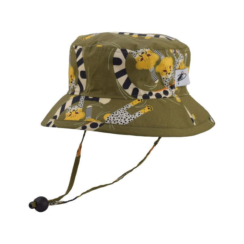 Puffin Gear Kids Camp Hat with Chin Tie, Cordlock and Breakaway Clip-Organic Cotton Hat-Charlie Harper Cheetah Print
