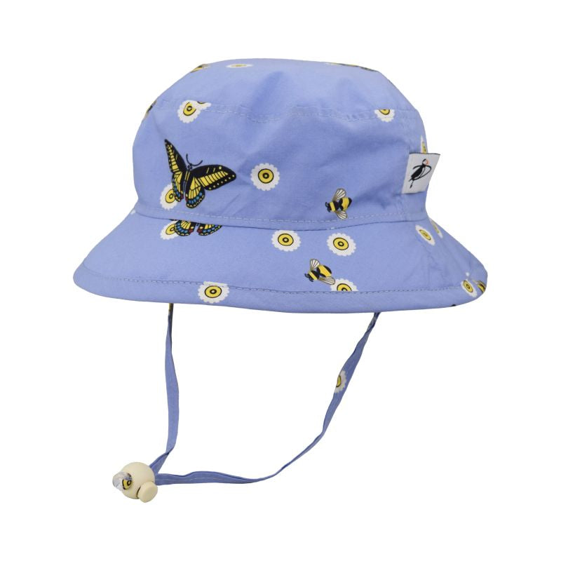 Organic Cotton Kids Camp Hat provides UPF50+ Excellent Sun Protection-Blocks at least 98% harmful UVA and UVB broad spectrum radiation.-Made in Canada-Chin Tie with Cord Lock and Safety Break Away clip-Butterfly and Bee Print