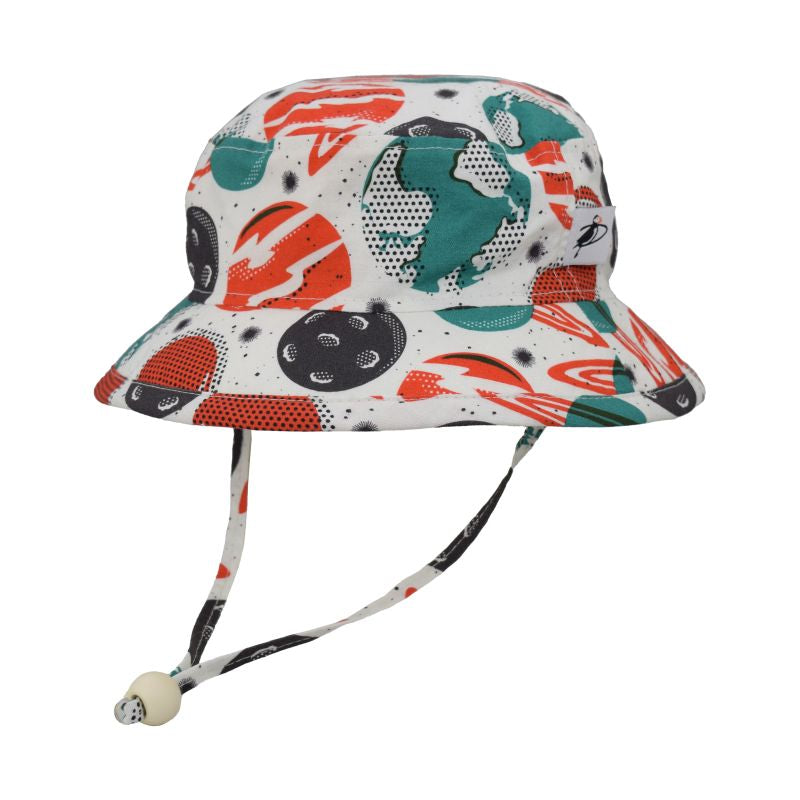 Organic Cotton Kids Camp Hat provides UPF50+ Excellent Sun Protection-Blocks at least 98% harmful UVA and UVB broad spectrum radiation.-Made in Canada-Chin Tie with Cord Lock and Safety Break Away clip-Vintage Space Age Planet Print