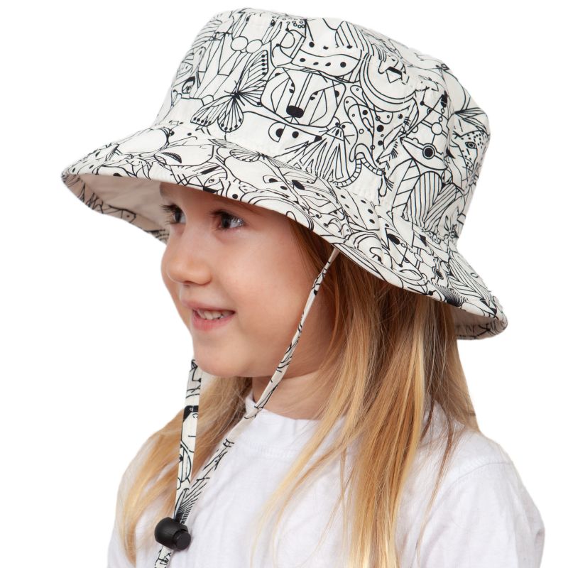 Puffin Gear Kids Camp Hat with Chin Tie, Cordlock and Breakaway Clip-Organic Cotton Hat-Charlie Harper Wildlife Sketches