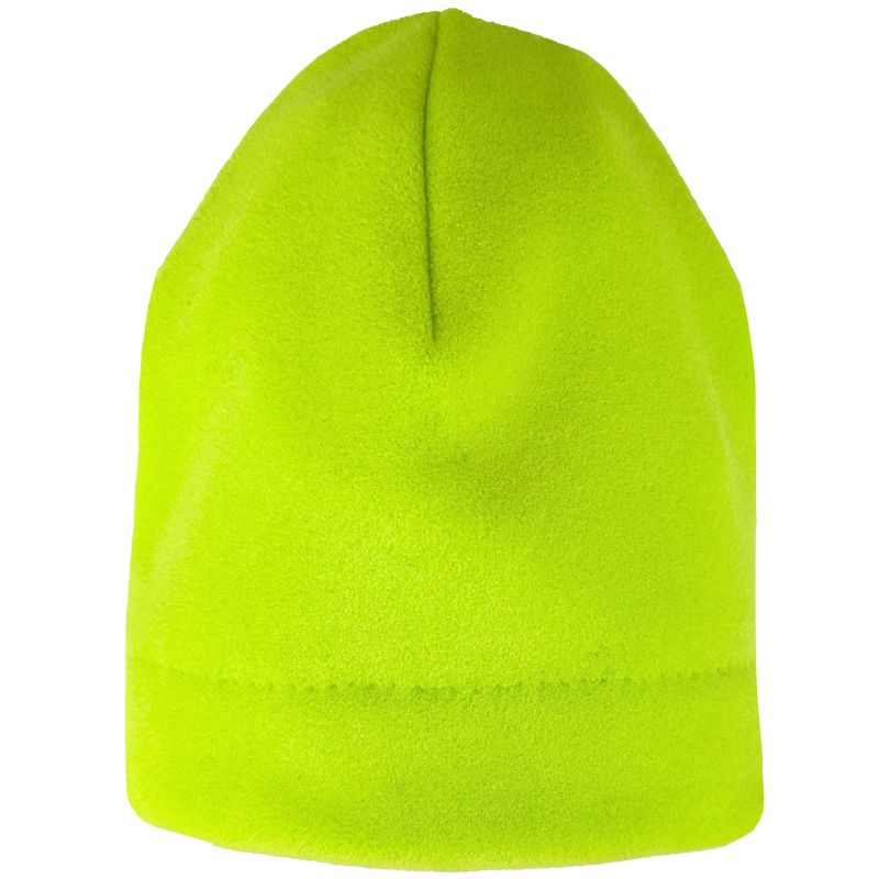 Bright lime green polartec toque on a white background