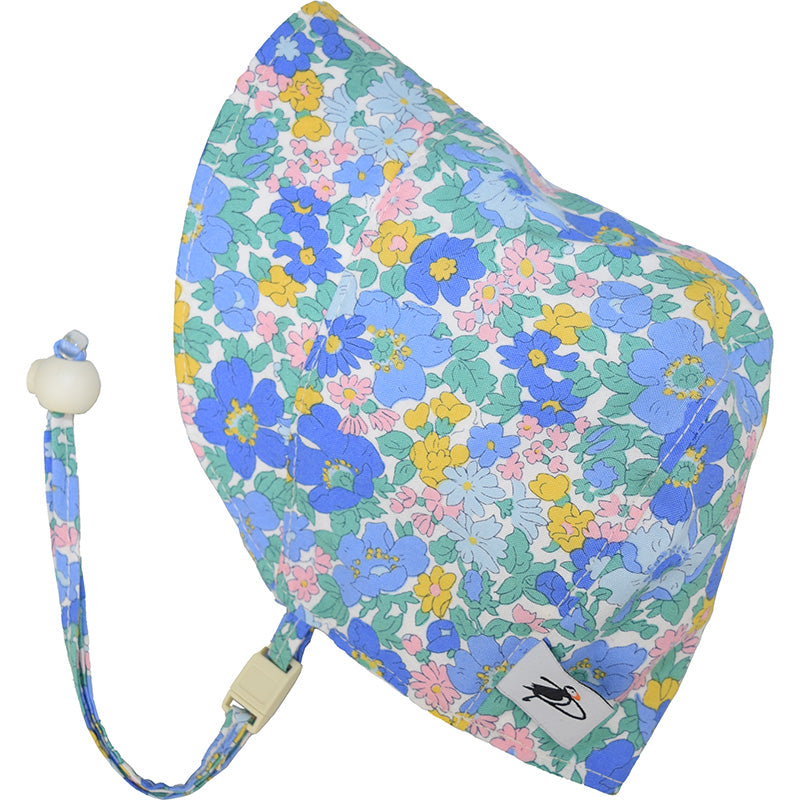 Puffin Gear Infant and Toddler Cotton Print Bonnet with Chin tie, Cord lock and Safety Break Away Clip-UPF50+ Sun Protection- Made in Canada-Liberty of London Cotton Print-Flower Show-Blue