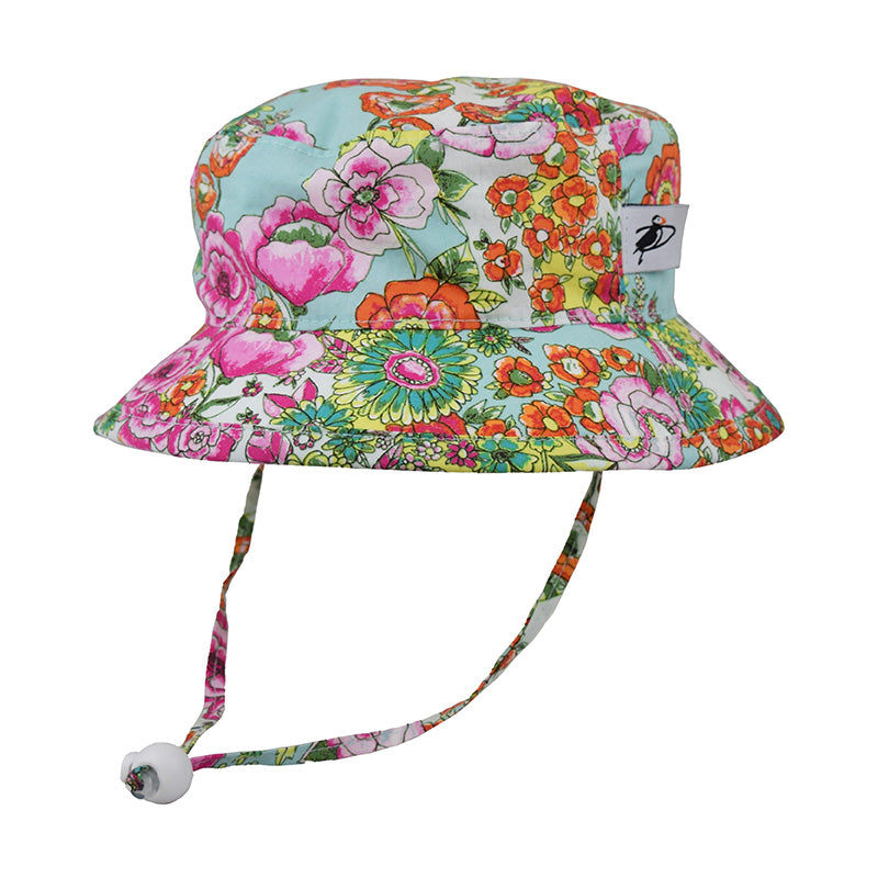 Puffin Gear Child and Toddler Sun Protection Camp Hat-UPF50-Made in Canada-Chin Tie with Cord Lock and Safety Break Away Clip Keep Hat Safely on Child&#39;s Head-Machine Washable-Cutting Garden Floral Print