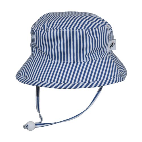Kids UPF50 Sun Protection Camp Hat with Chin Tie-Made in Canada by Puffin Gear-Blue Natty Stripe