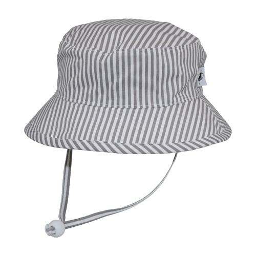 Kids UPF50 Sun Protection Camp Hat with Chin Tie-Made in Canada by Puffin Gear-Grey Natty Stripe