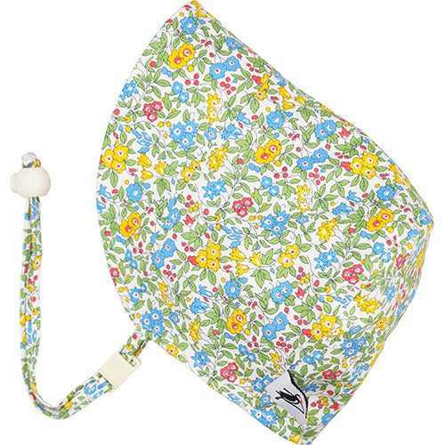 Puffin Gear Infant and Toddler Cotton Print Bonnet with Chin tie, Cord lock and Safety Break Away Clip-UPF50+ Sun Protection- Made in Canada-Liberty of London Cotton Print-Flower Show Blue
