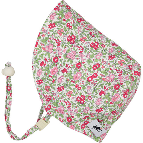Puffin Gear Infant and Toddler Cotton Print Bonnet with Chin tie, Cord lock and Safety Break Away Clip-UPF50+ Sun Protection- Made in Canada-Flower Show Pink