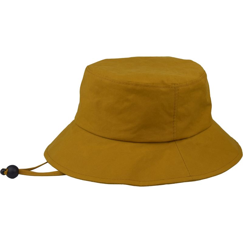 A mustard yellow oilskin rain bucket hat with a wind tie. Made in Canada by Puffin Gear